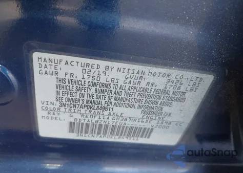 2019 Nissan Versa 1.6 Sv z USA, uszkodzony, nr VIN 3N1CN7AP0KL849511